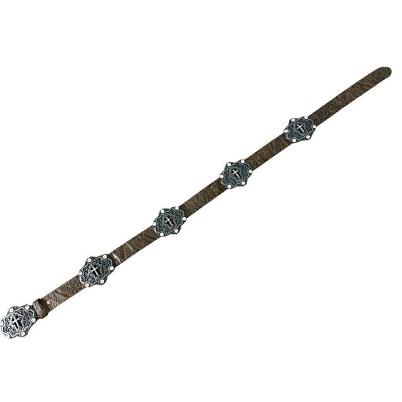 RHINESTONE CROSS STUDDED WIDE BROWN TOOLED LEATHER BELT Size Med - Large - Picture 8 of 11